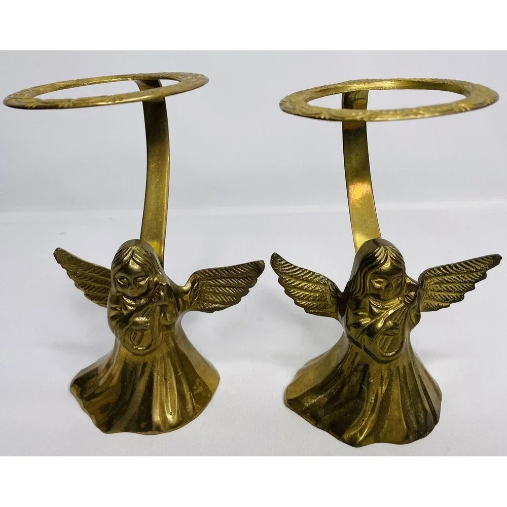 Vintage pair of Brass Harp‎ Playing Angels Candle Holders 6 1/4